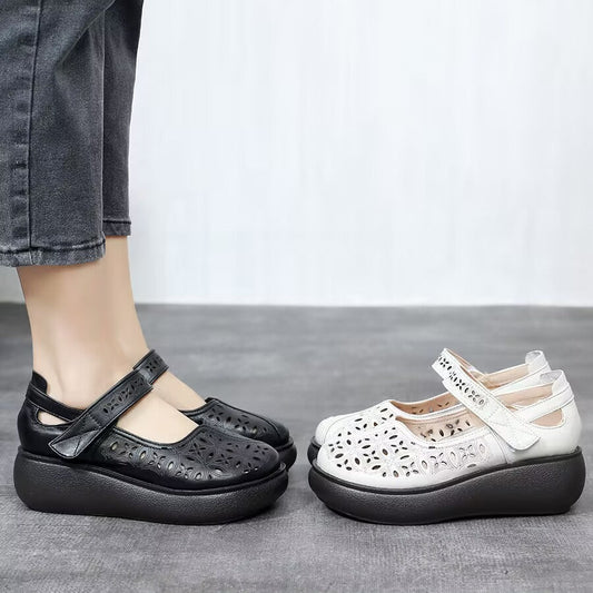 Novos sapatos de couro oco com sola grossa para outono